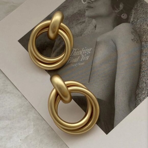 Matte Gold Trendy Double Hoop Post Earrings, NWT - Picture 1 of 9